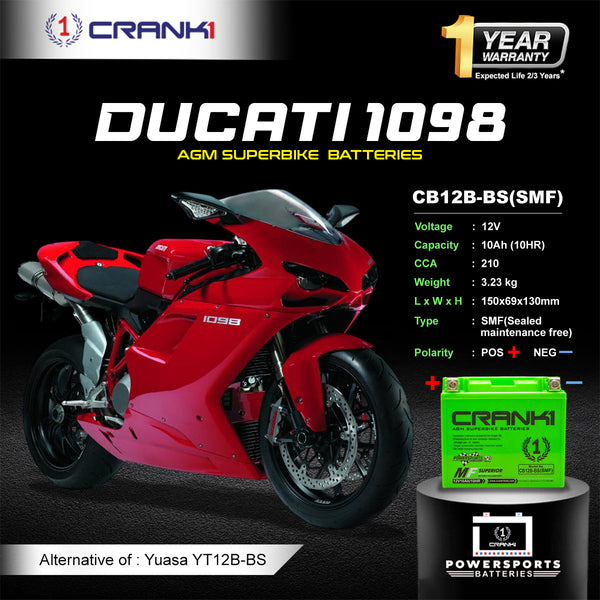 Battery For Ducati 1098 (2007-2025) - CB12B-BS - Factory Activated