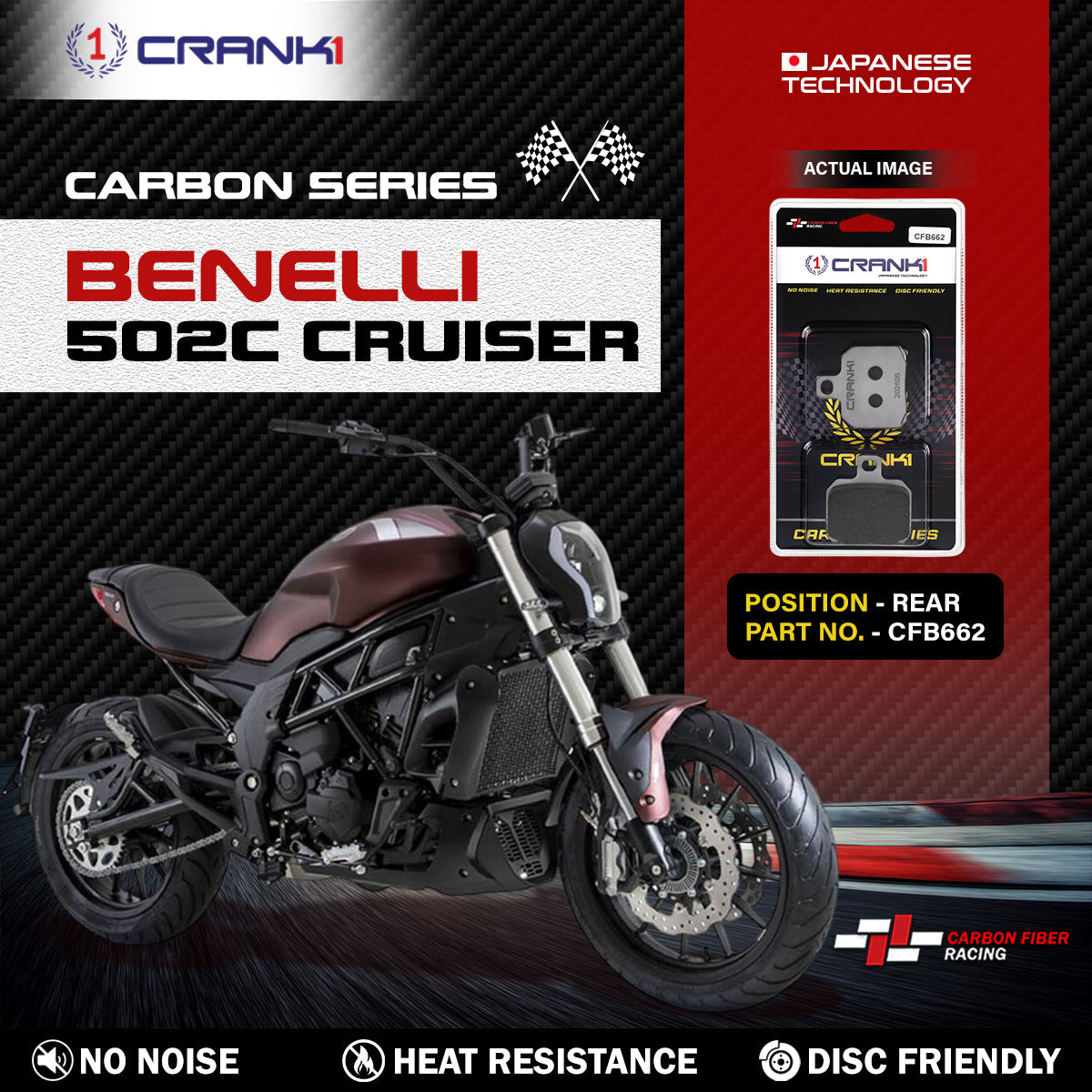 Carbon Brake Pads For Benelli 502C Cruiser - Rear - CFB662 - 1 Set
