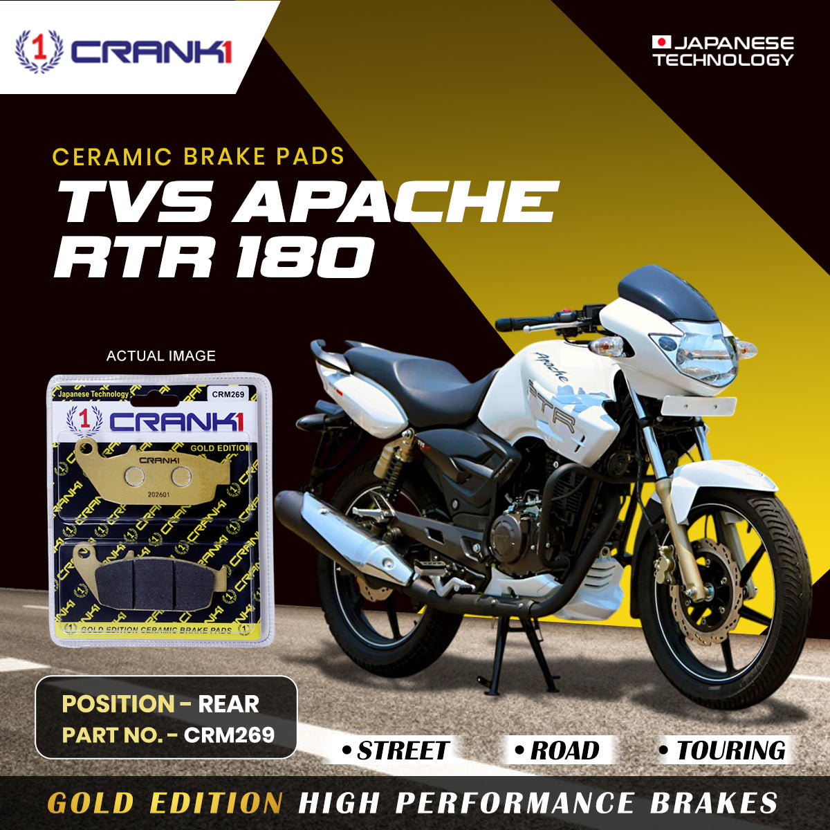 Ceramic Brake Pads For TVS Apache RTR 180 - Rear - CRM269 - 1 Set