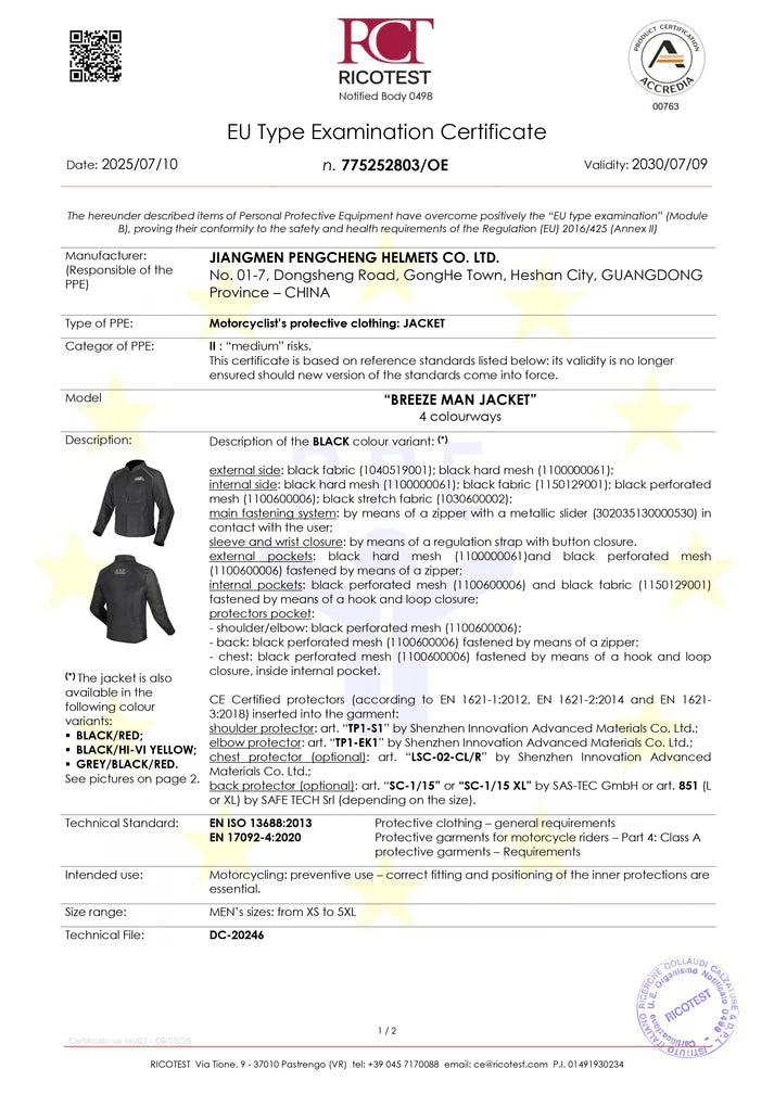 BREEZE JACKET - BLACK HI VIZ YELLOW - CE CLASS A CERTIFIED JACKET