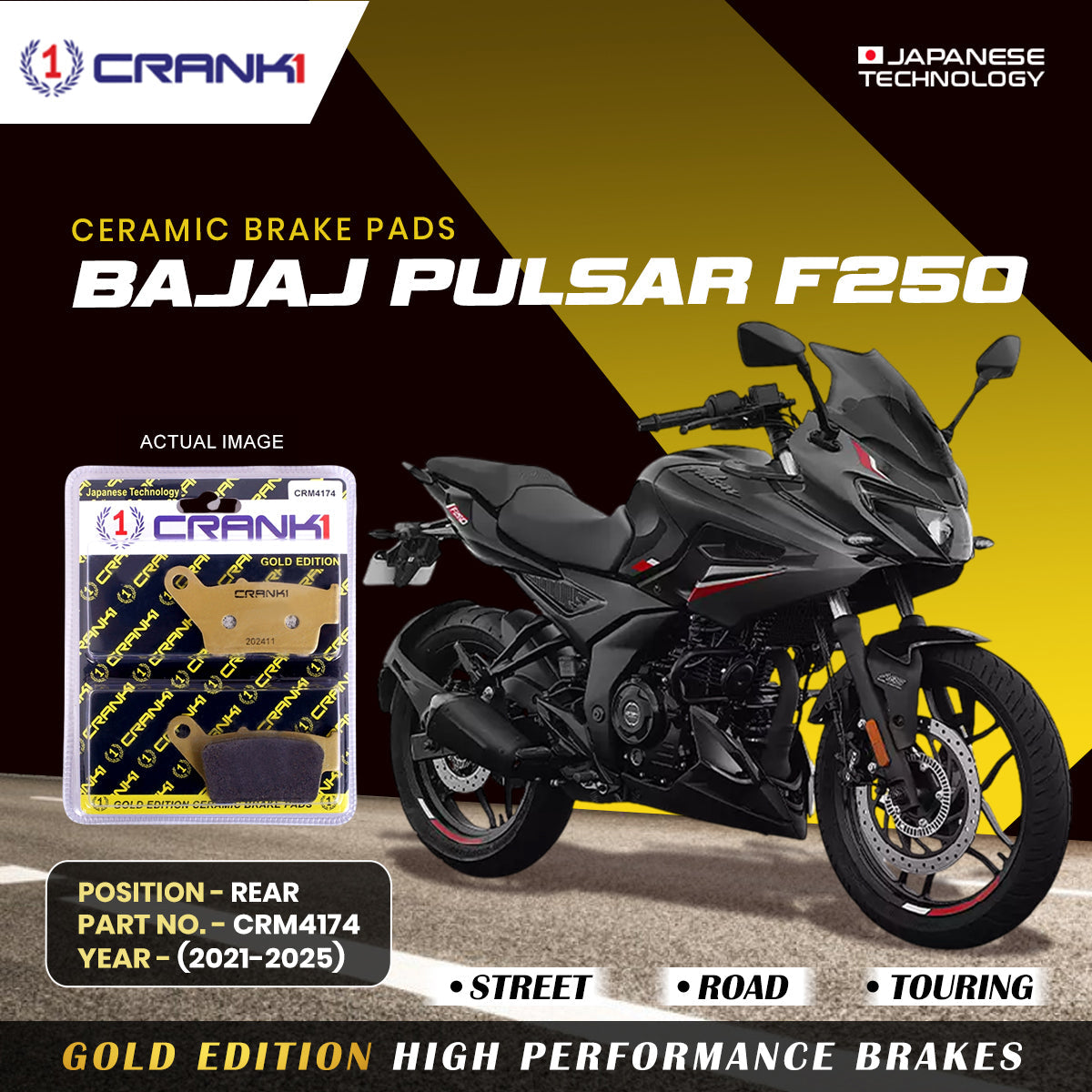 Ceramic Brake Pads For Bajaj Pulsar F250 (2021-2025) - Rear - CRM4174