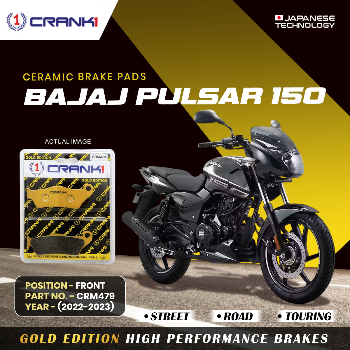 Ceramic Brake Pads For Bajaj Pulsar 150 (2022-2023) - Front - CRM479 - 1 Set