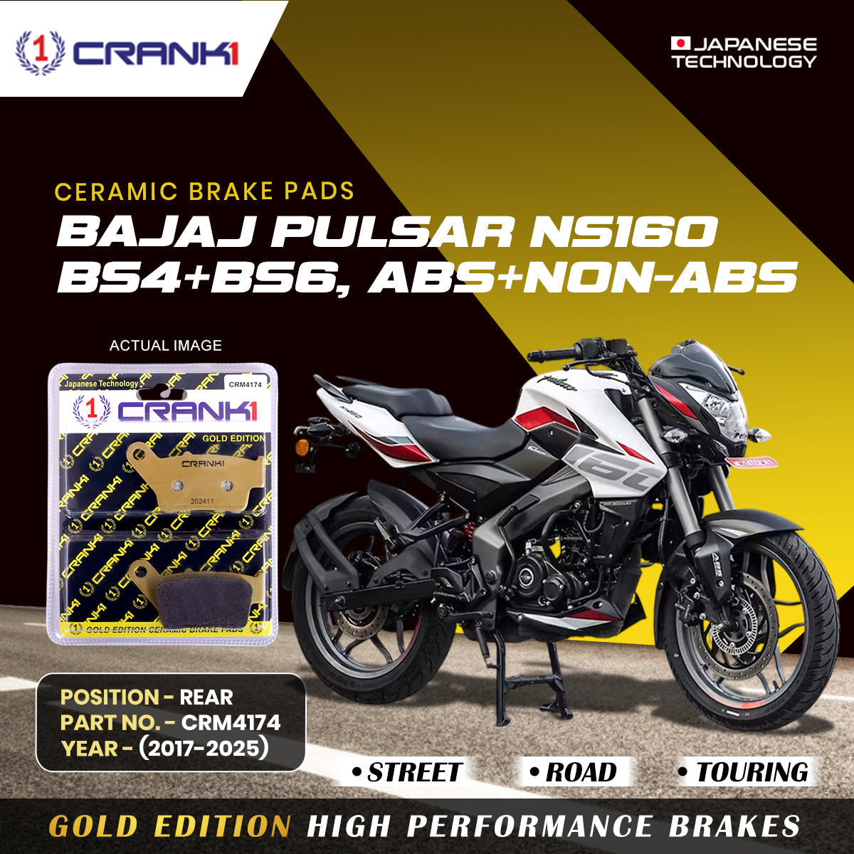 Ceramic Brake Pads For Bajaj Pulsar NS-160 BS4+BS6, ABS+NON-ABS (2017-2025) - Rear - CRM4174 - 1 Set
