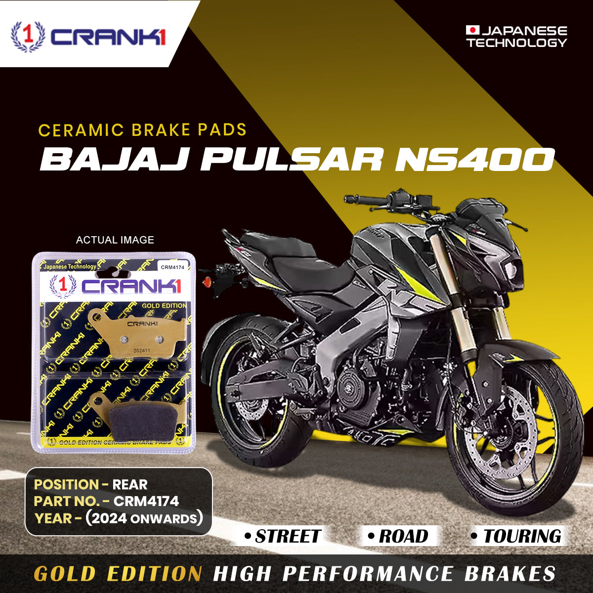 Ceramic Brake Pads For Bajaj Pulsar NS400 (2024 Onwards) - Rear - CRM4174