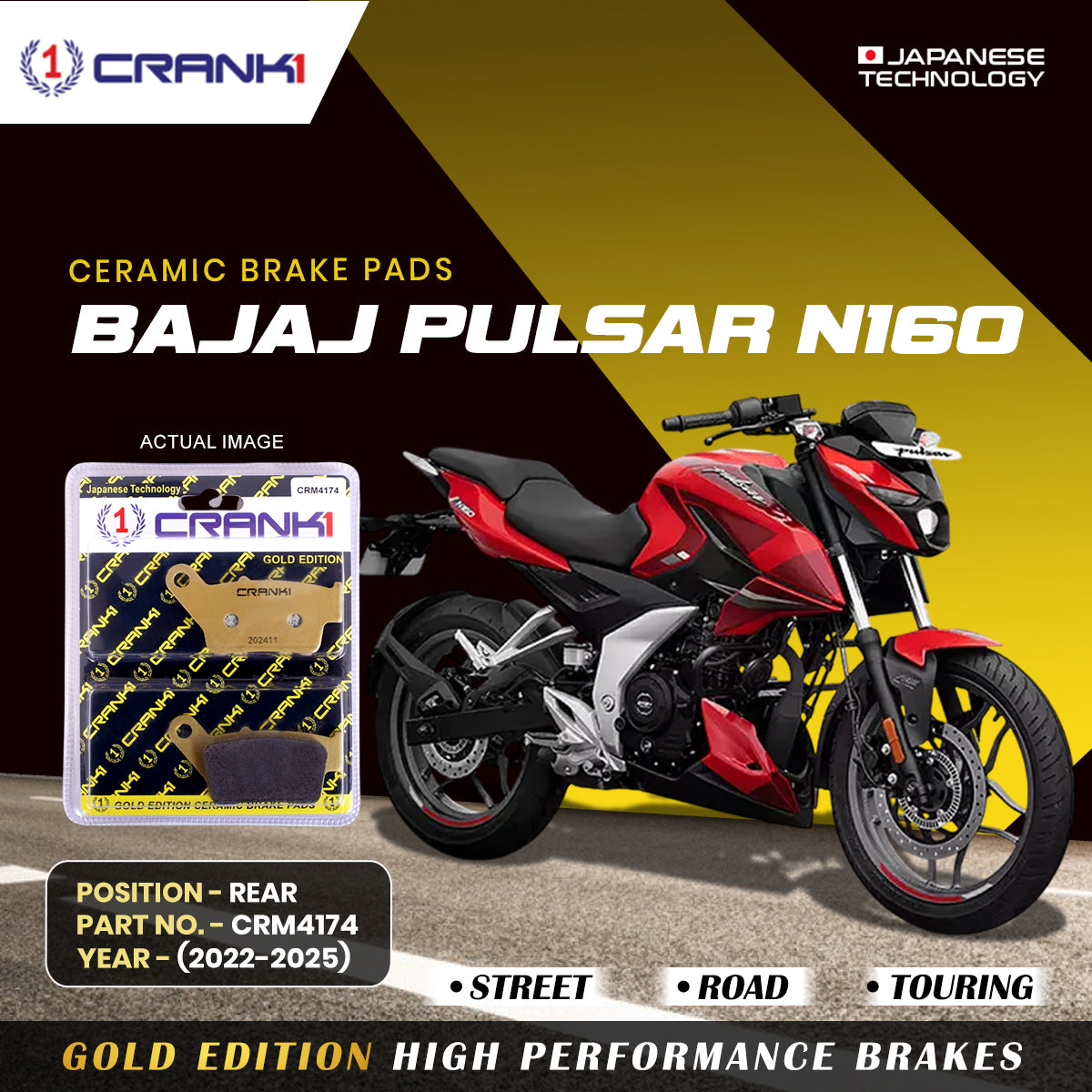 Ceramic Brake Pads For Bajaj Pulsar N160 (2022-2025) - Rear - CRM4174