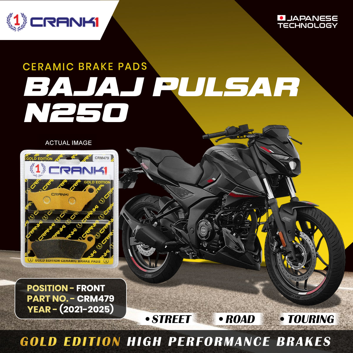 Ceramic Brake Pads For Bajaj Pulsar N250 (2021-2025) - Front - CRM479 - 1 Set