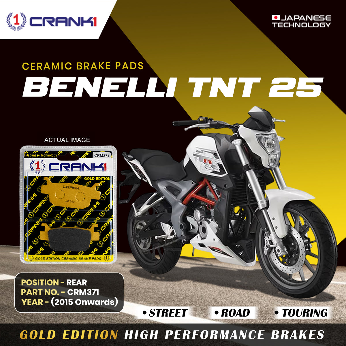 Ceramic Brake Pads For Benelli TNT 25 (2015 Onwards) - Rear - CRM371 - 1 Set
