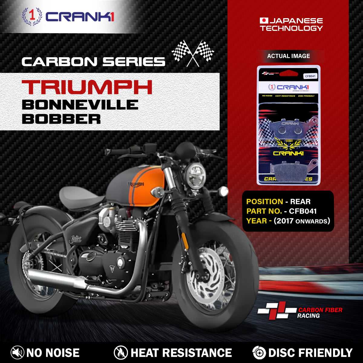 Carbon Brake Pads For Triumph Bonneville Bobber (2017 Onwards) - Rear - CFB041 - 1 Set