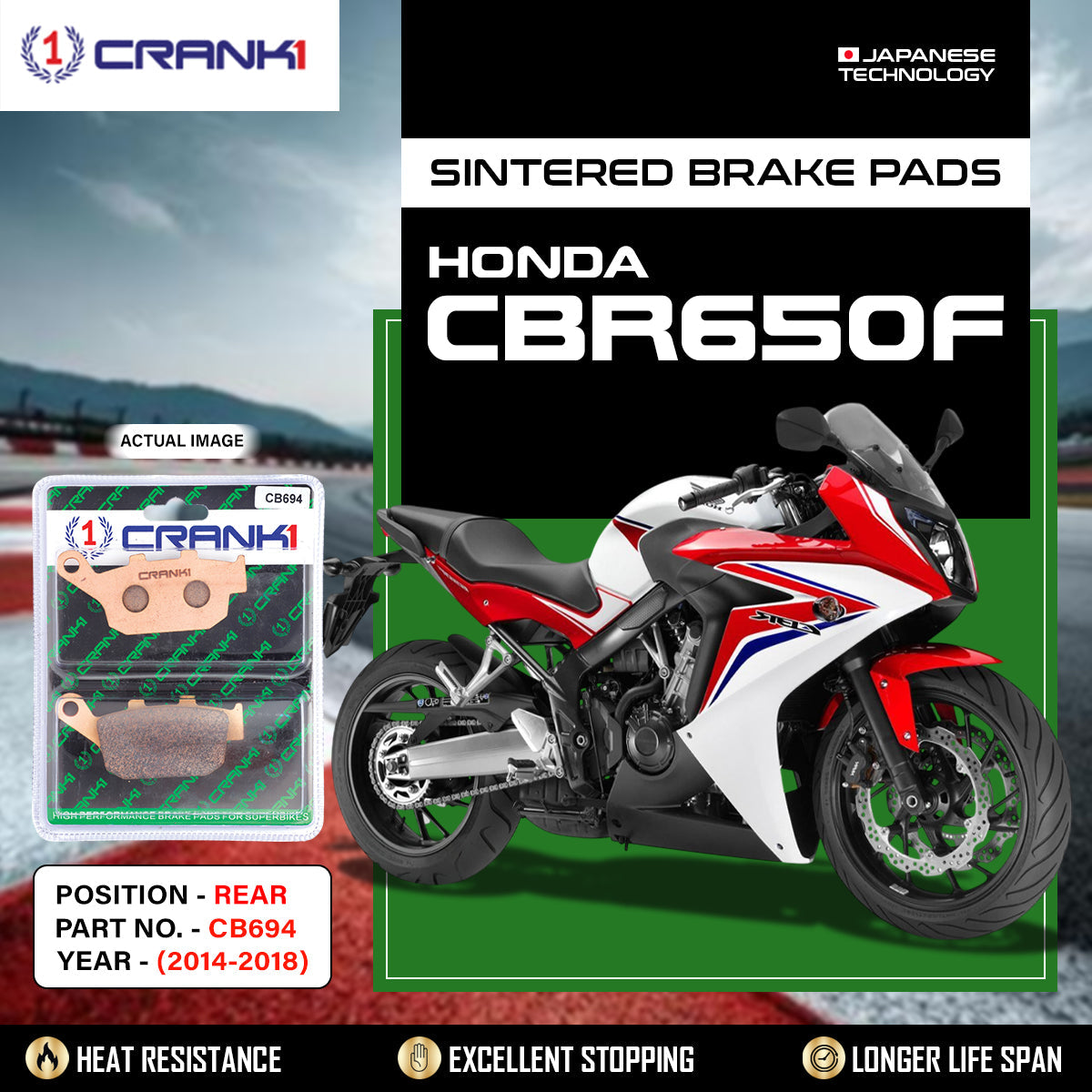 Sintered Brake Pads For Honda CBR650F (2014-2018) - Rear - CB694 - 1 Set