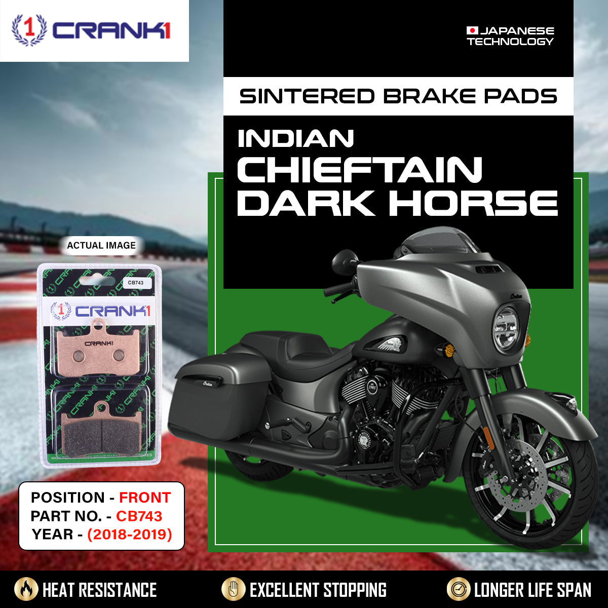 Sintered Brake Pads For Indian Chieftain Dark Horse (2018-2019) - Front - CB743 - 2 Sets Required