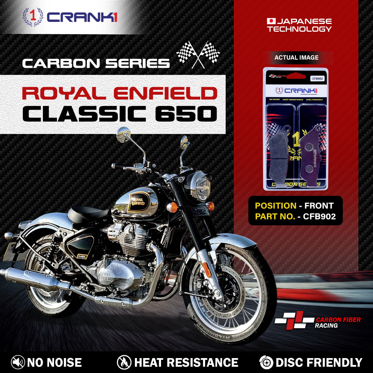 Carbon Brake Pads For Royal Enfield Classic 650 - Front - CFB902 - 1 Set