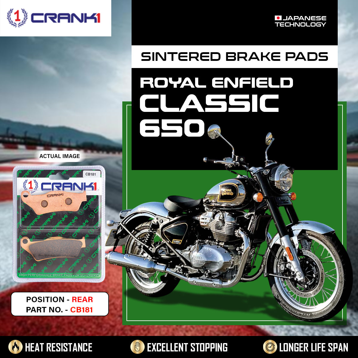 Sintered Brake Pads For Royal Enfield Classic 650 - Rear - CB181 - 1 Set