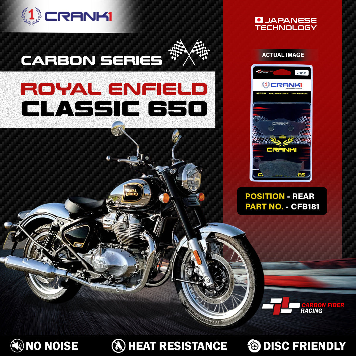 Carbon Brake Pads For Royal Enfield Classic 650 - Rear - CFB181 - 1 Set