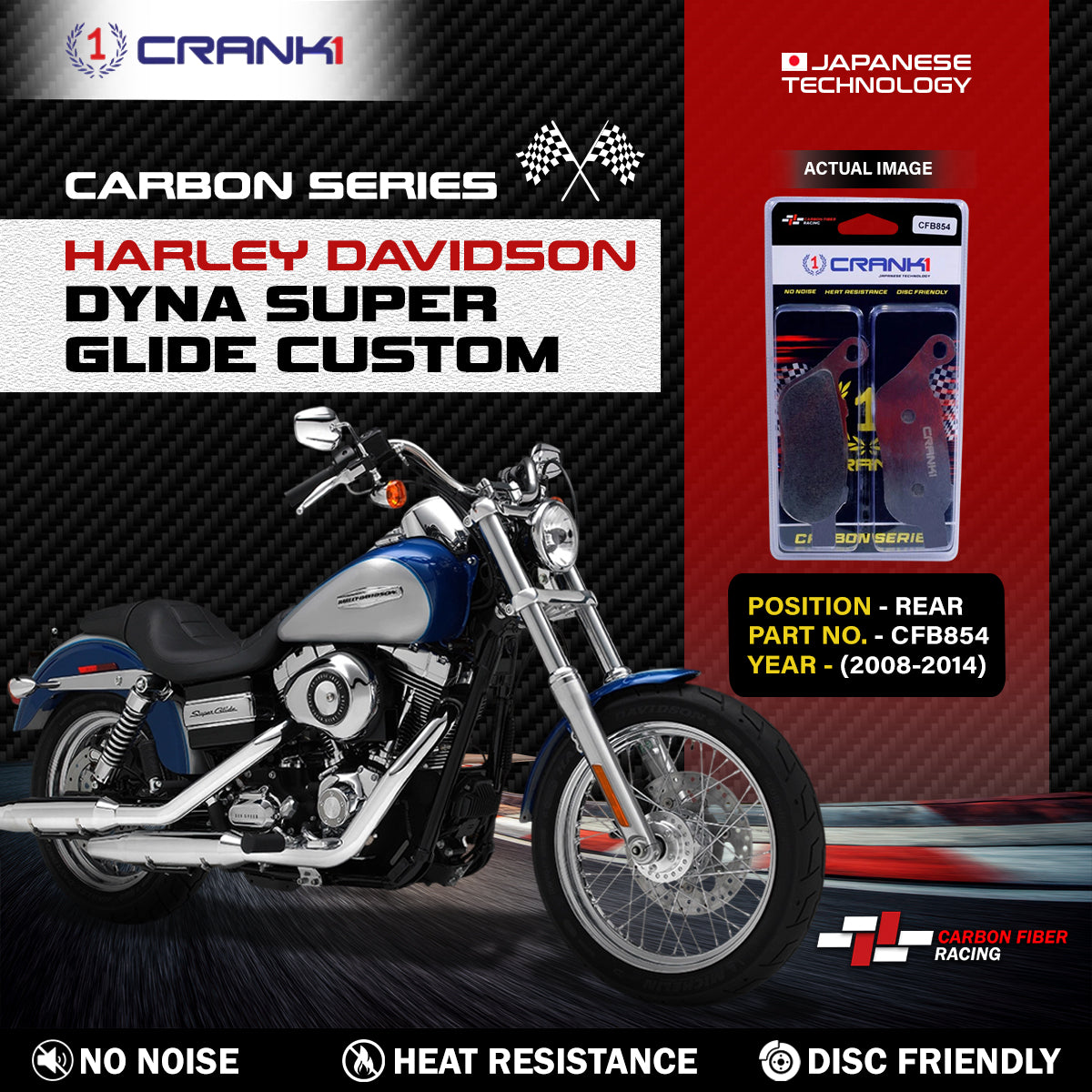Carbon Brake Pads For Harley Davidson Dyna Super Glide Custom (2008-2014) - Rear - CFB854 - 1 Set