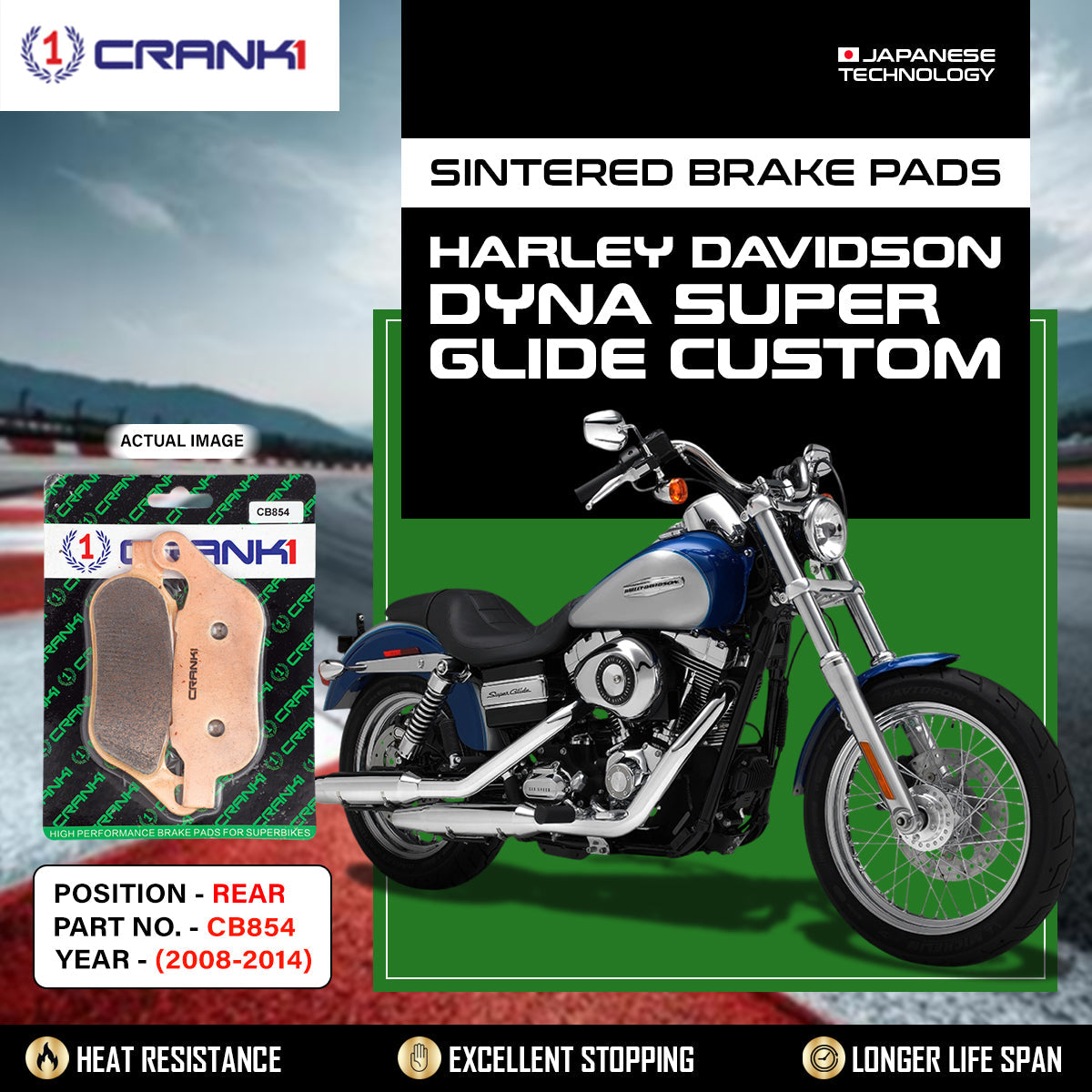 Sintered Brake Pads For Harley Davidson Dyna Super Glide Customs (2008-2014) - Rear - CB854 - 1 Set