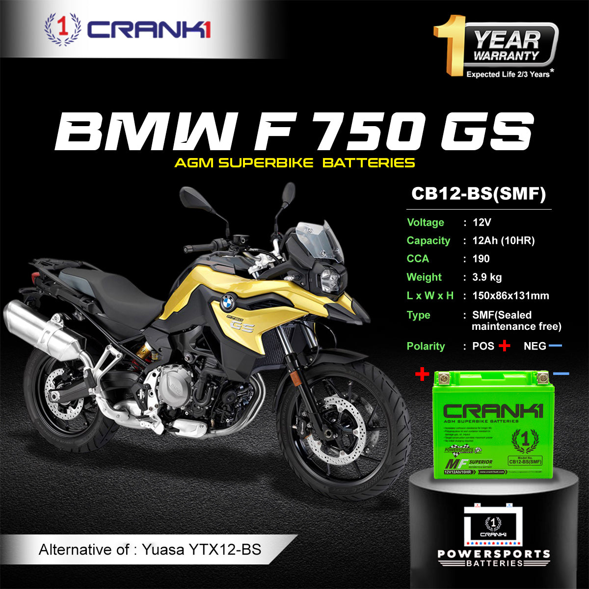 Battery For BMW F 750 GS (2015-2025) - CB12-BS - Factory Activated