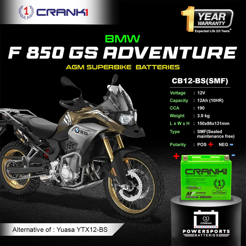 Battery For BMW F 850 GS Adventure (2019-2025) - CB12-BS - Factory Activated | 1 Year Warranty | Zero Maintenance | OEM Fitment | High CCA