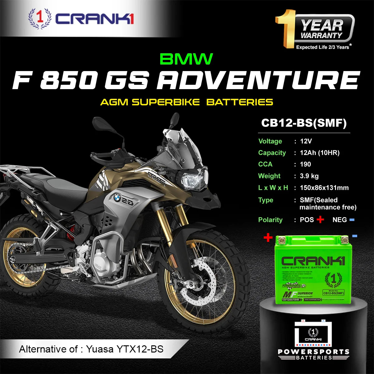 Battery For BMW F 850 GS Adventure (2019-2025) - CB12-BS - Factory Activated | 1 Year Warranty | Zero Maintenance | OEM Fitment | High CCA