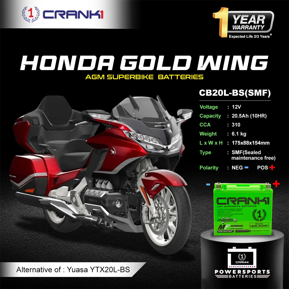 Battery For Honda Gold Wing (2001 Onwards) - CB20L-BS - Factory Activated | 1 Year Warranty | Zero Maintenance | OEM Fitment | High CCA
