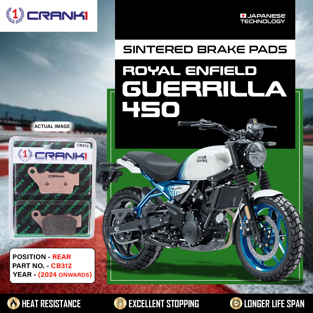 Sintered Brake Pads For Royal Enfield Guerrilla 450 (2024 Onwards) - Rear - CB312 - 1 Set