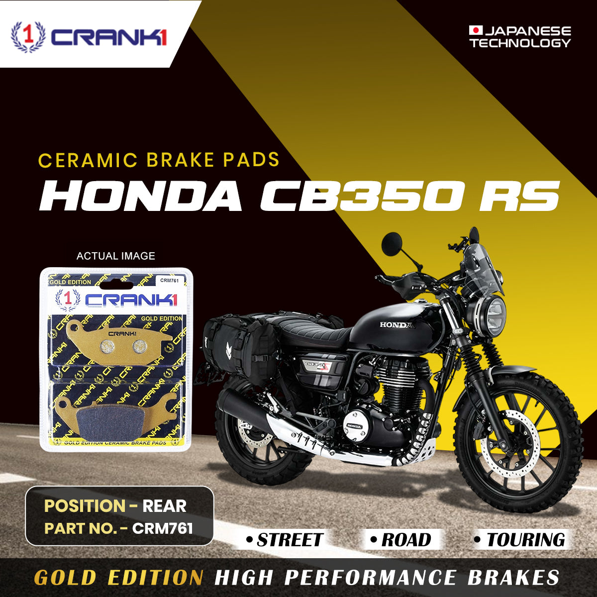 Ceramic Brake Pads For Honda CB350 RS - Rear - CRM761 - 1 Set