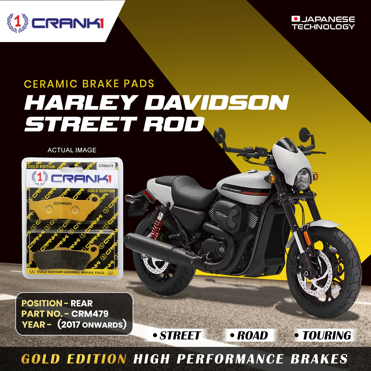 Ceramic Brake Pads For Harley Davidson Street Rod (2017 Onwards) - Rear - CRM479