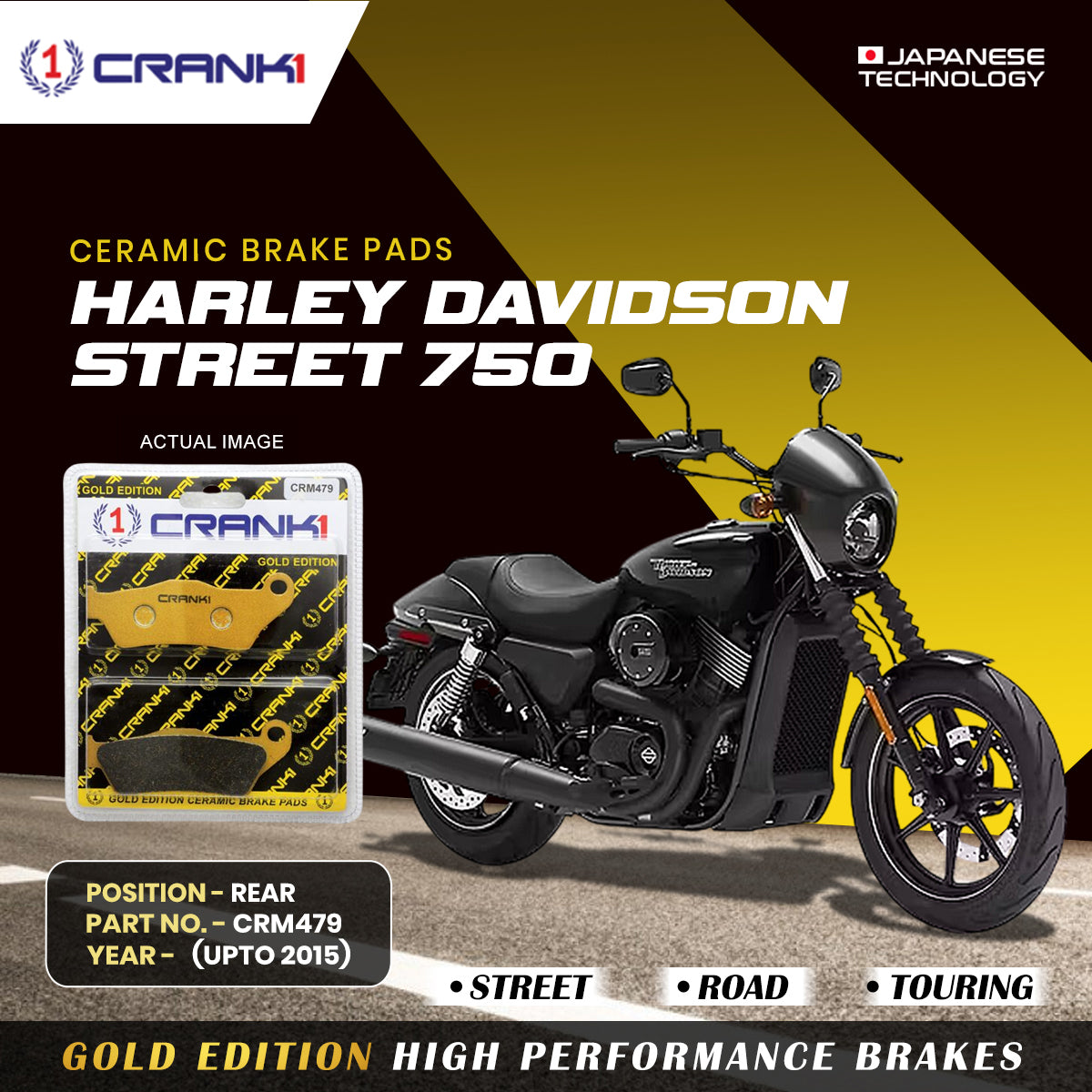 Ceramic Brake Pads For Harley Davidson Street 750 (Upto 2015) - Rear - CRM479