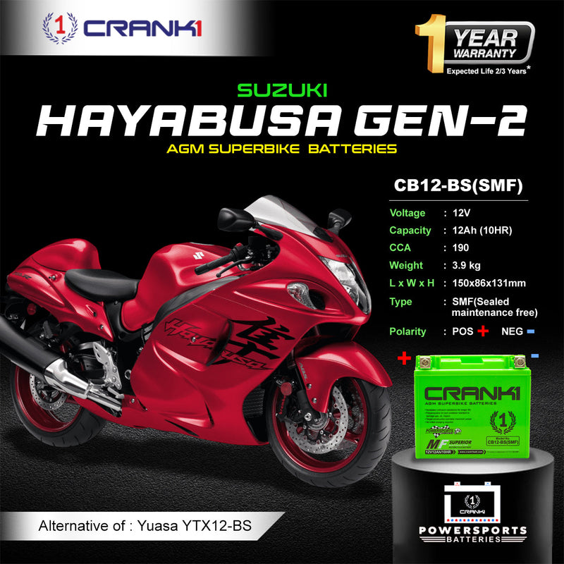 Battery For Suzuki Hayabusa GEN-2 (2008-2020) - CB12-BS - Factory Activated
