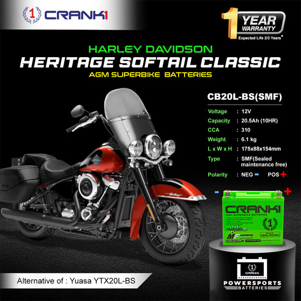 Battery For Harley Davidson Heritage Softail Classic (2013-2025) - CB20L-BS - Factory Activated