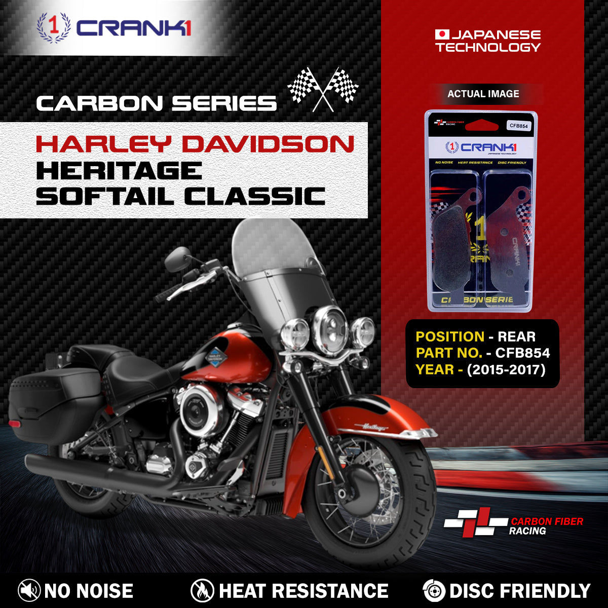 Carbon Brake Pads For Harley Davidson Heritage Softail Classic (2015-2017) - Rear - CFB854 - 1 Set