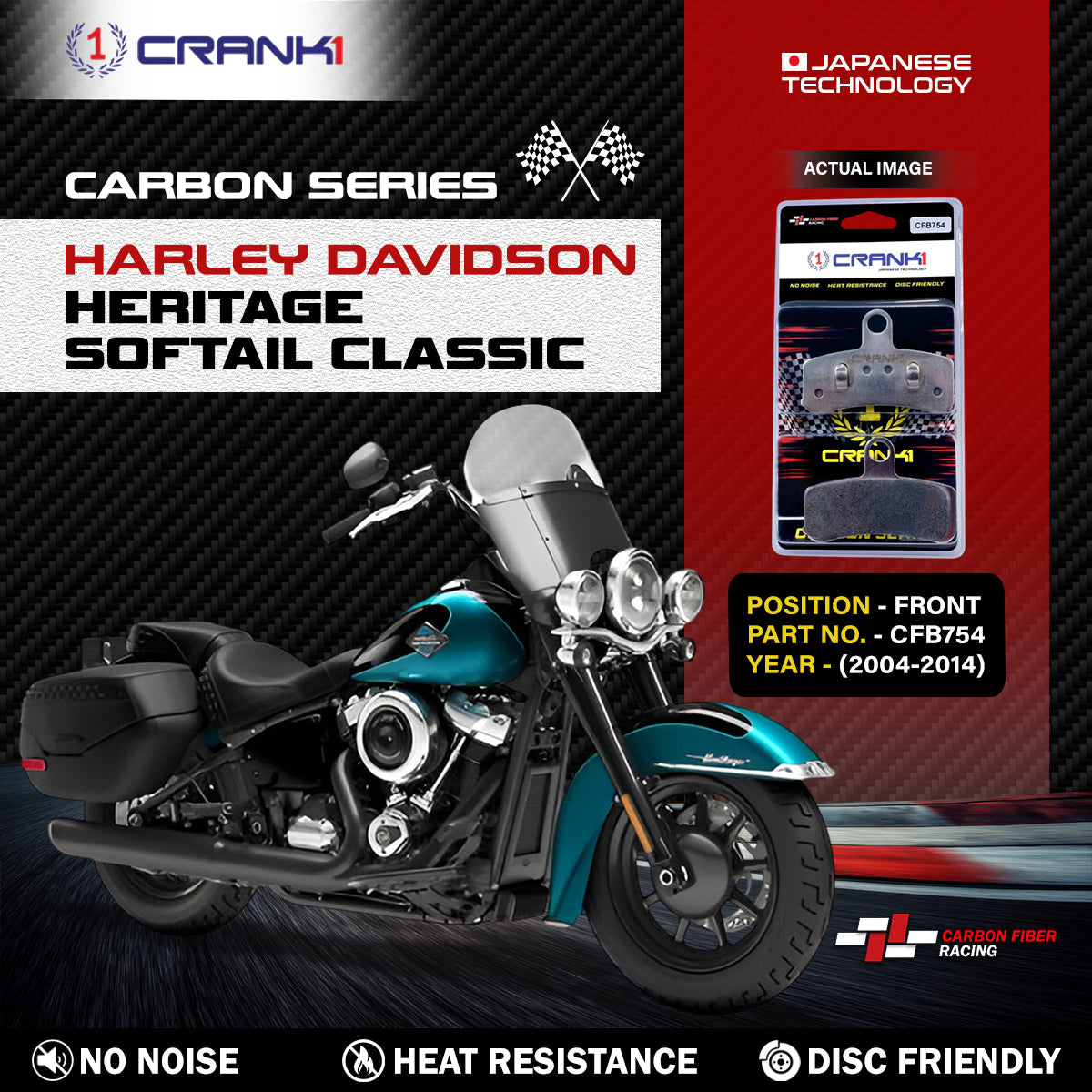 Carbon Brake Pads For Harley Davidson Heritage Softail Classic (2004-2014) - Front - CFB754 - 1 Set
