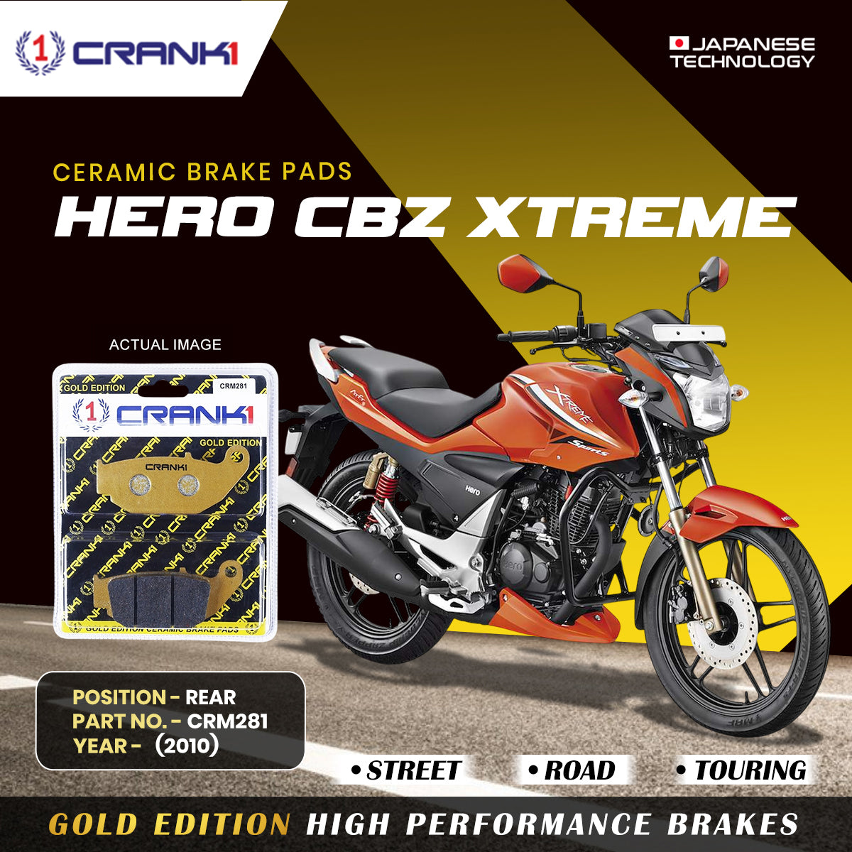 Ceramic Brake Pads For Hero CBZ Xtreme (2010) - Rear - CRM281 - 1 Set