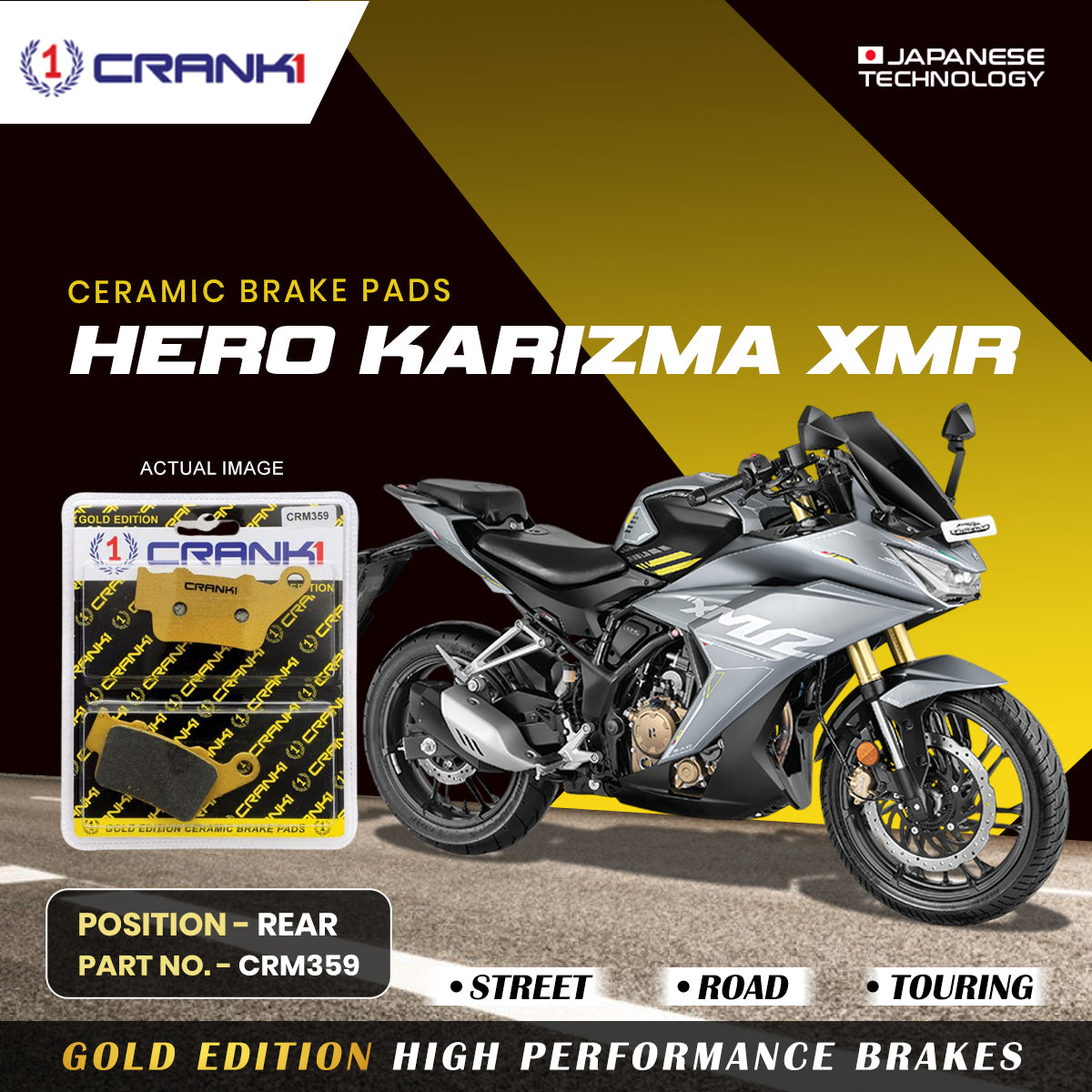Ceramic Brake Pads For Hero karizma XMR - Rear - CRM359 - 1 Set