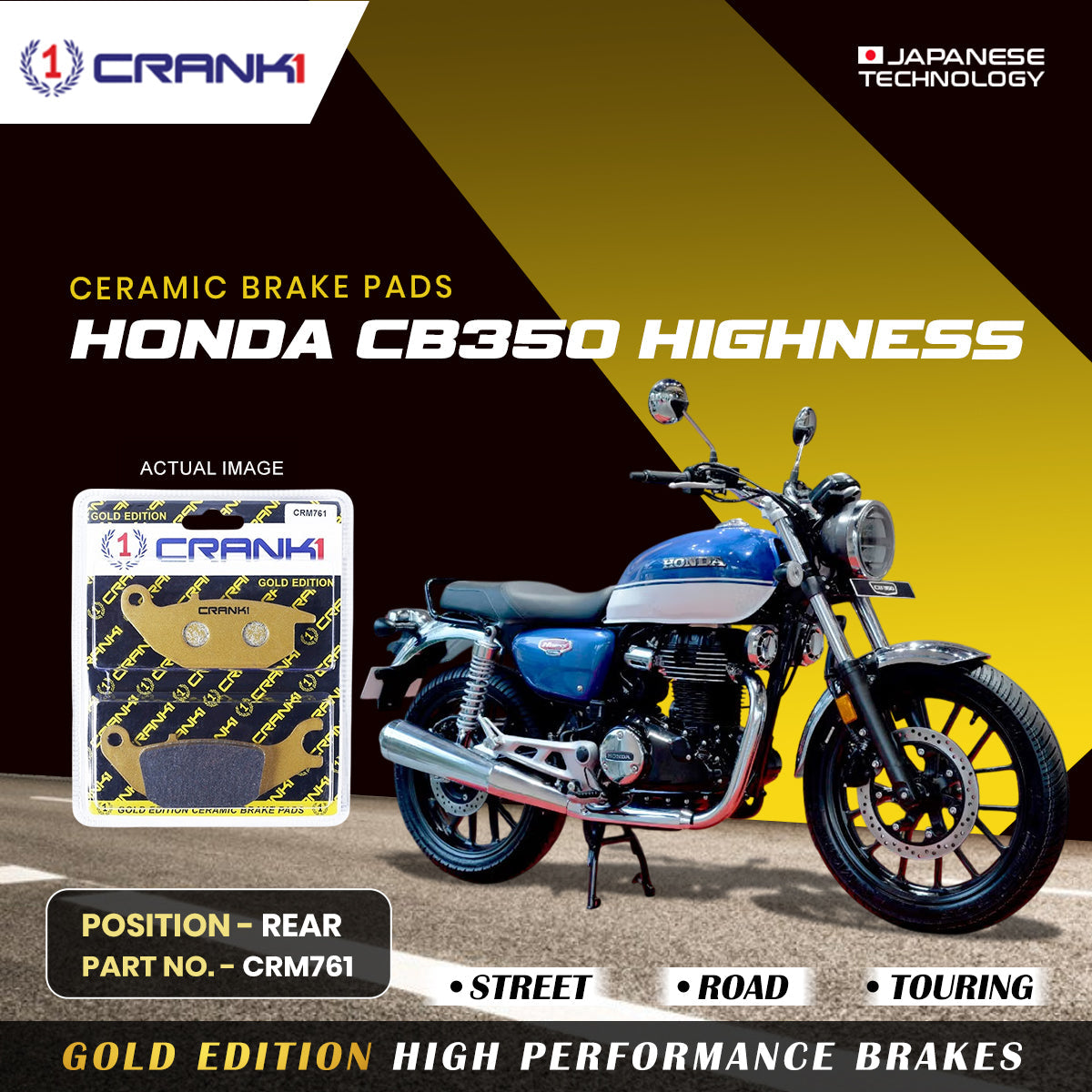 Ceramic Brake Pads For Honda CB350 Highness - Rear - CRM761 - 1 Set