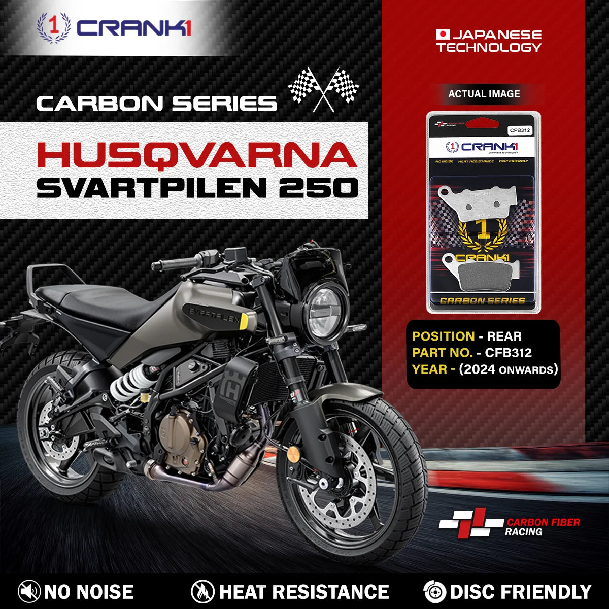 Carbon Brake Pads For Husqvarna Svartpilen 250 (2024 Onwards) - Rear - CFB312 - 1 Set