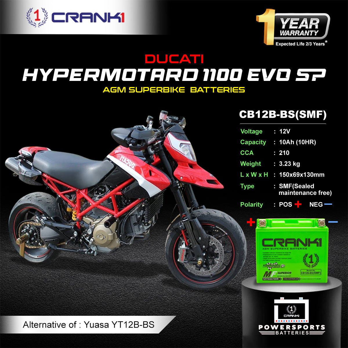 Battery For Ducati Hypermotard 1100 EVO SP (2007-2025) - CB12B-BS - Factory Activated
