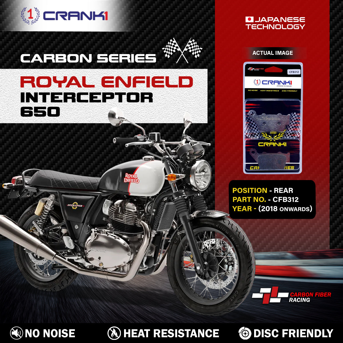 Carbon Brake Pads For Royal Enfield Interceptor 650 (2018 Onwards) - Rear - CFB312 - 1 Set