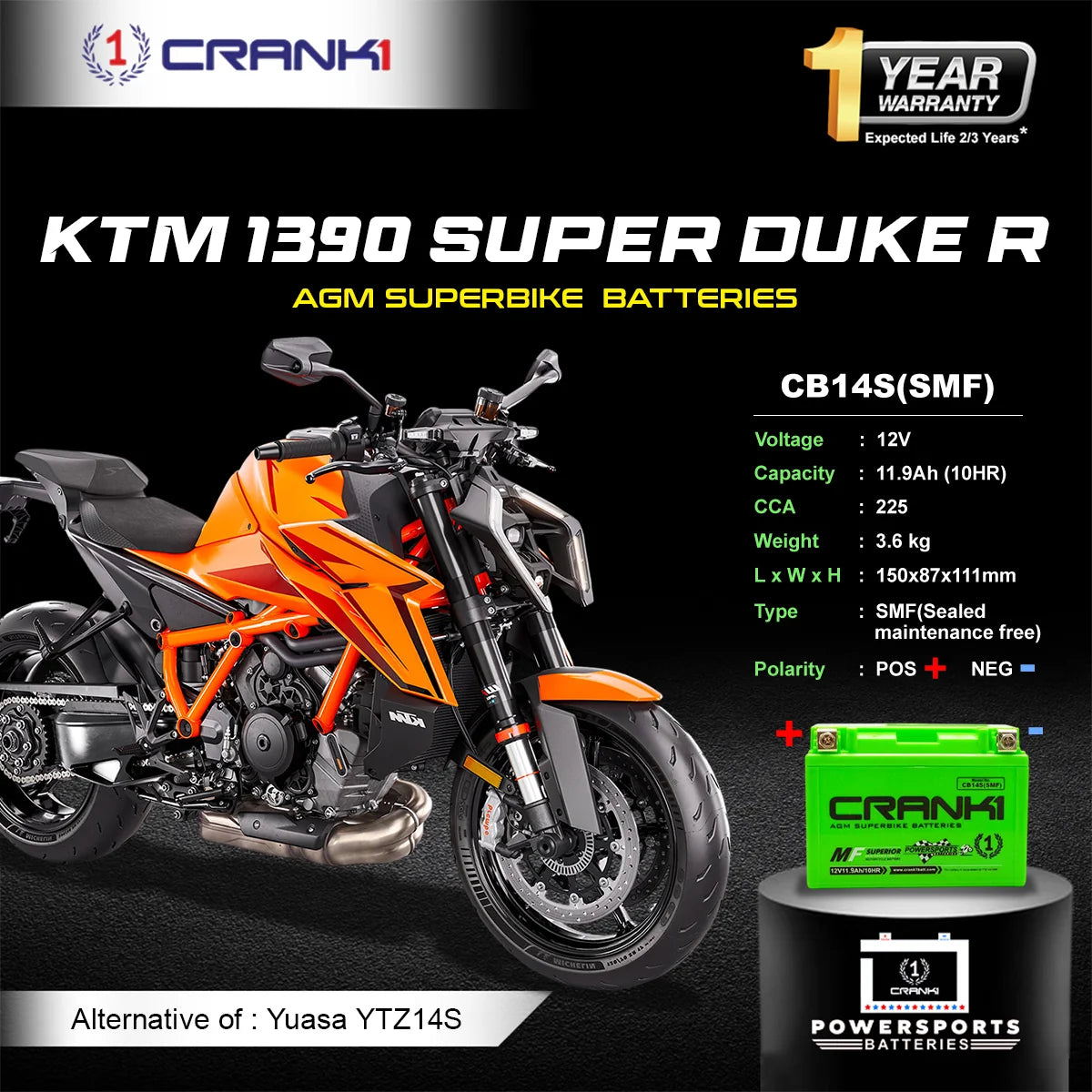 Battery For KTM 1390 Super Duke R (2024 Onwards) - CB14S - Factory Activated | 1 Year Warranty | Zero Maintenance | OEM Fitment | High CCA