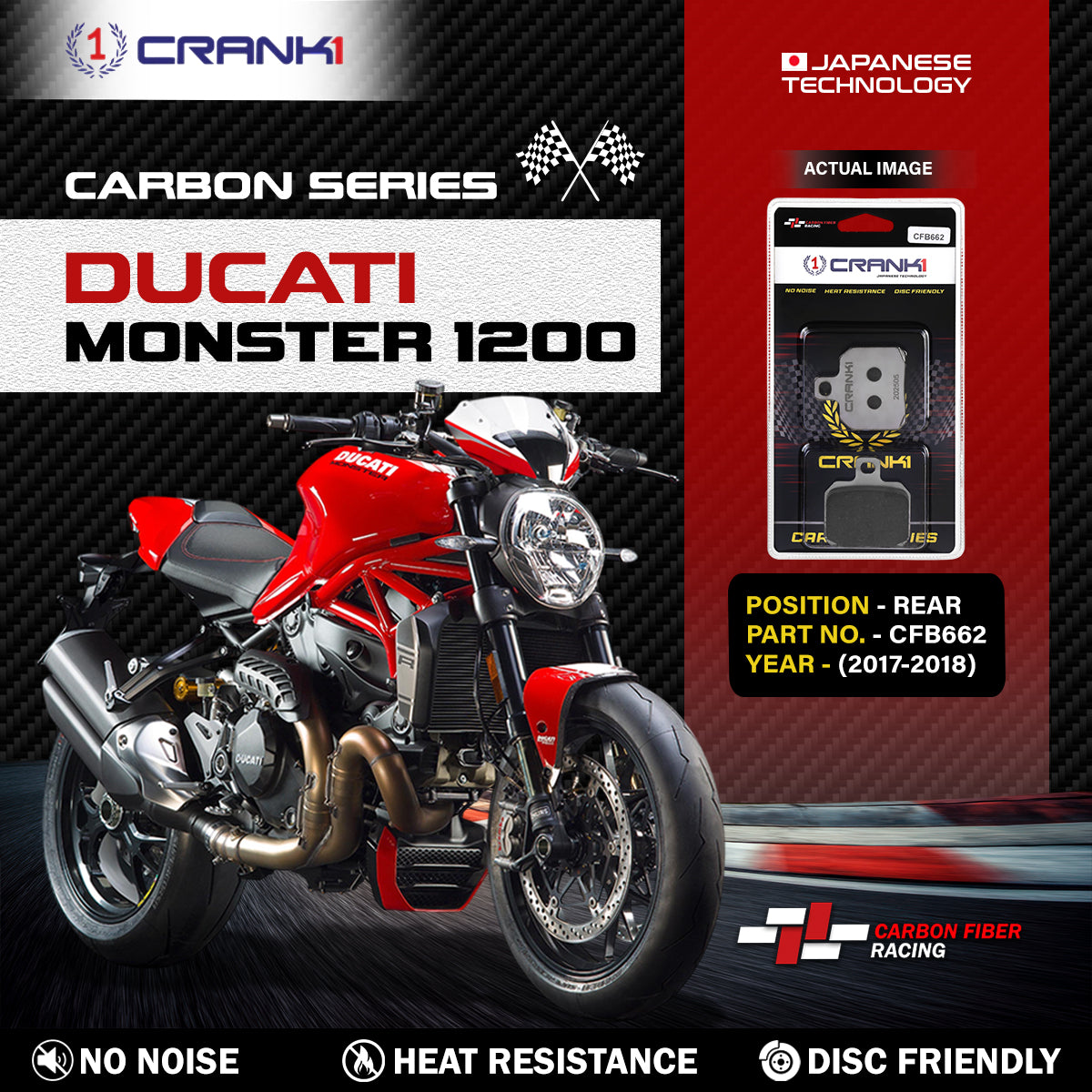 Carbon Brake Pads For Ducati Monster 1200 (2017-2018) - Rear - CFB662 - 1 Set