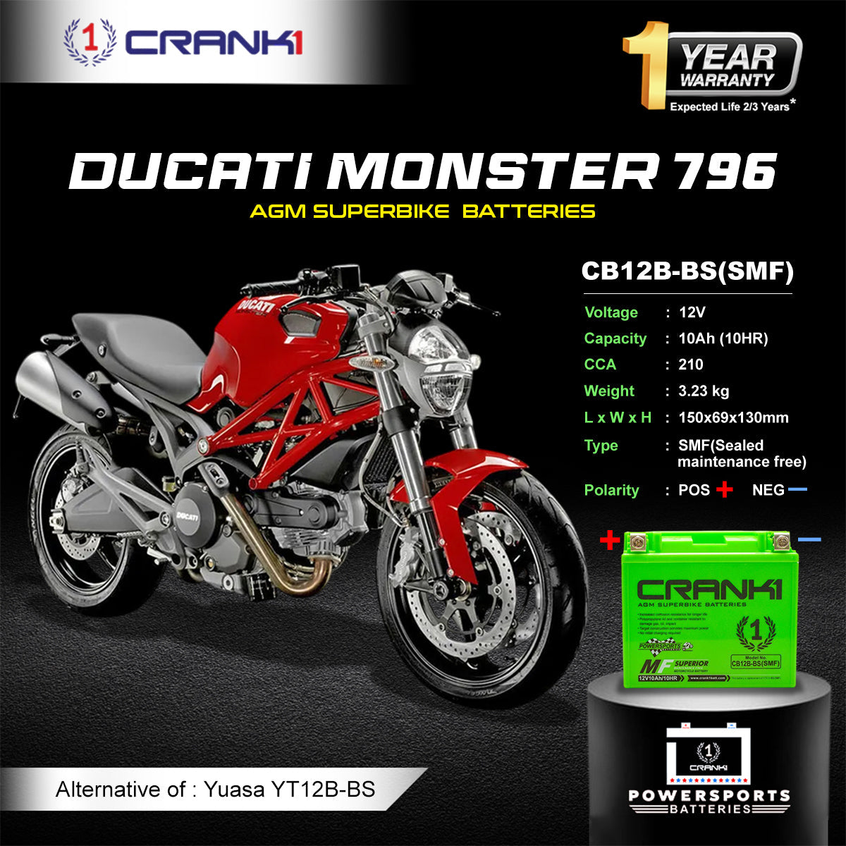 Battery For Ducati Monster 796 (2010-2025) - CB12B-BS - Factory Activated