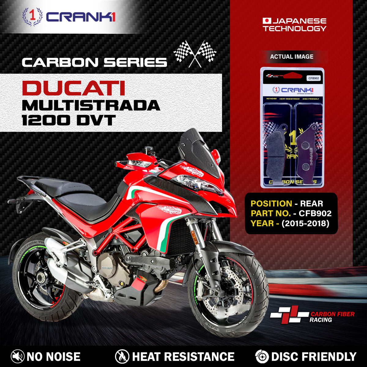 Carbon Brake Pads For Ducati Multistrada 1200 DVT (2015-2018) - Rear - CFB902 - 1 Set