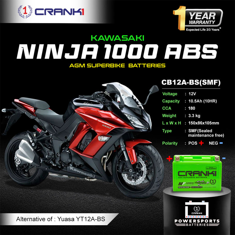 Battery For Kawasaki Ninja 1000 ABS (2014-2025) - CB12A-BS - Factory Activated
