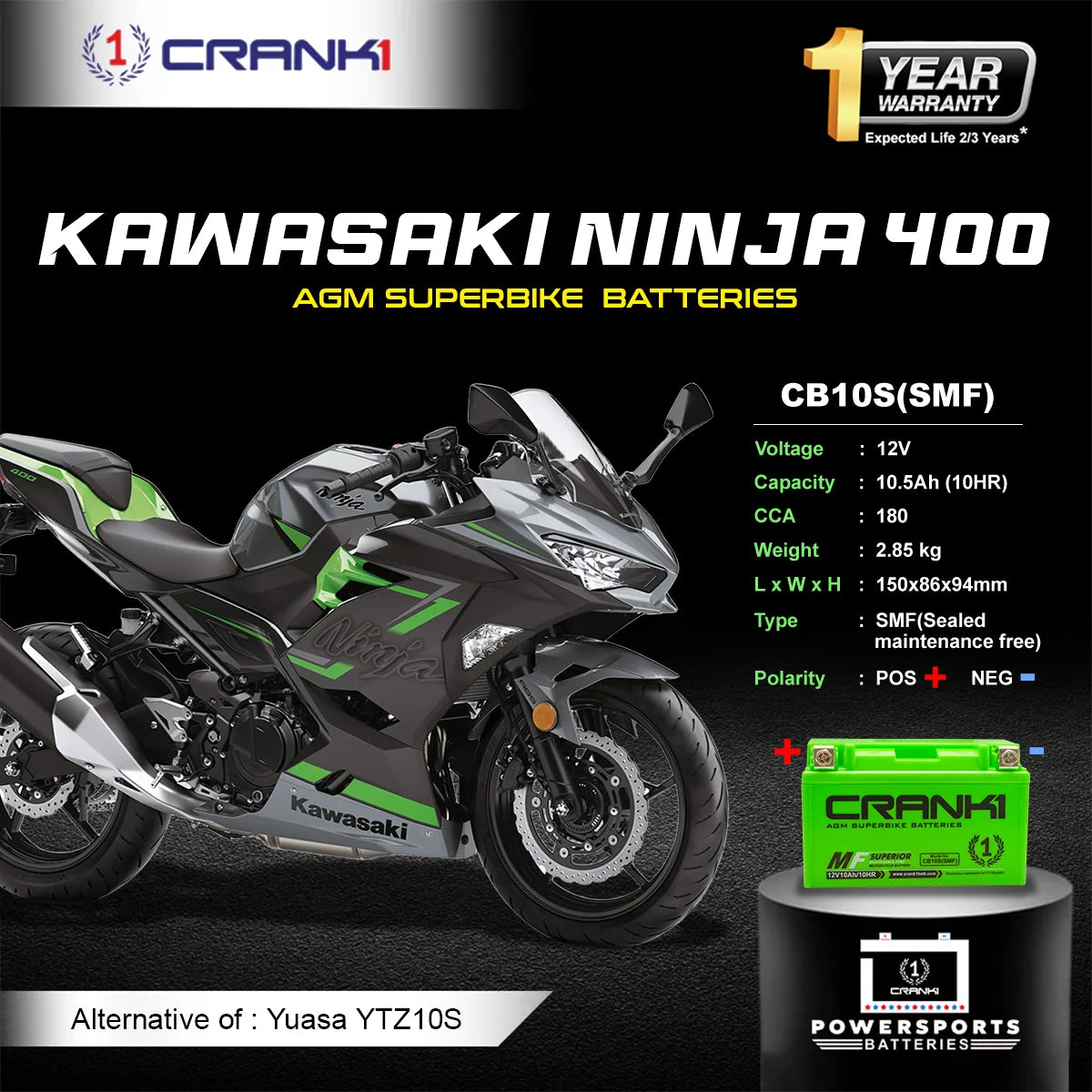 Battery For Kawasaki Ninja 400 (2018 Onwards) - CB10S - Factory Activated | 1 Year Warranty | Zero Maintenance | OEM Fitment | High CCA