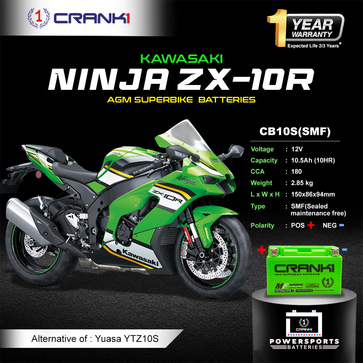 Battery For Kawasaki Ninja ZX-10R (2011-2025) - CB10S - Factory Activated