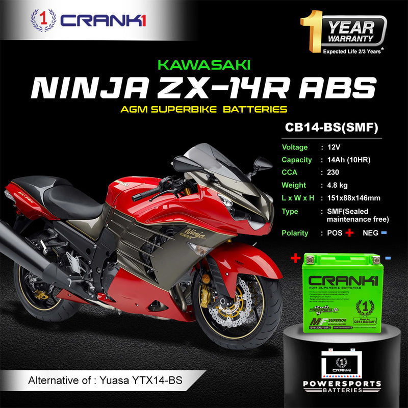 Battery For Kawasaki Ninja ZX-14R ABS (2006-2022) - CB14-BS - Factory Activated