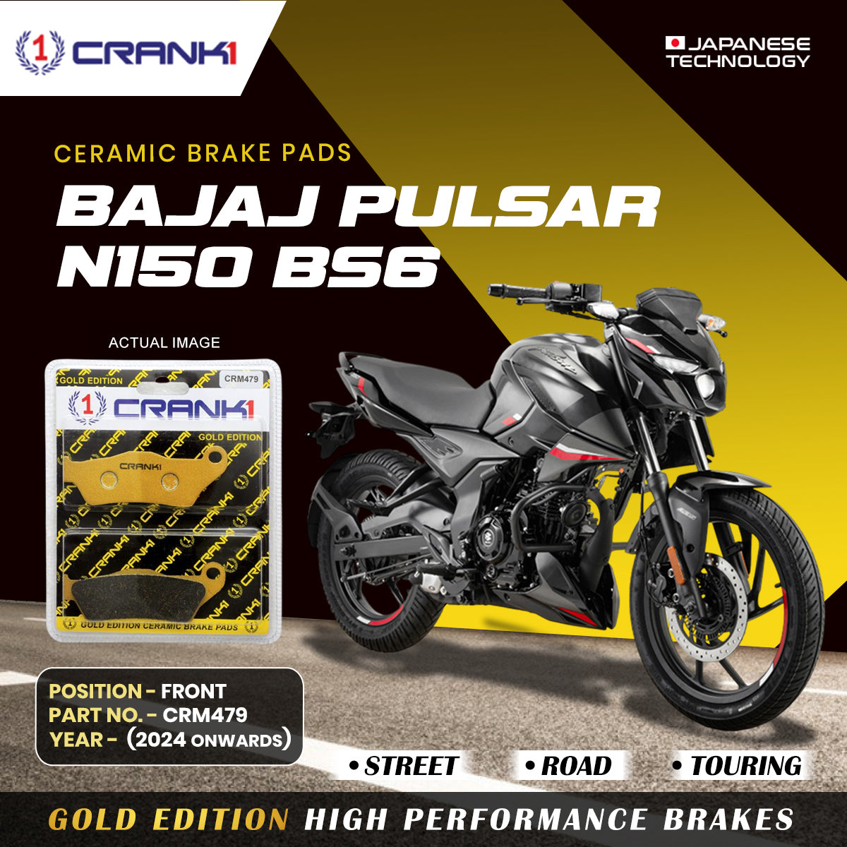 Ceramic Brake Pads For Bajaj Pulsar N150 BS6 (2024 Onwards) - Front - CRM479 - 1 Set