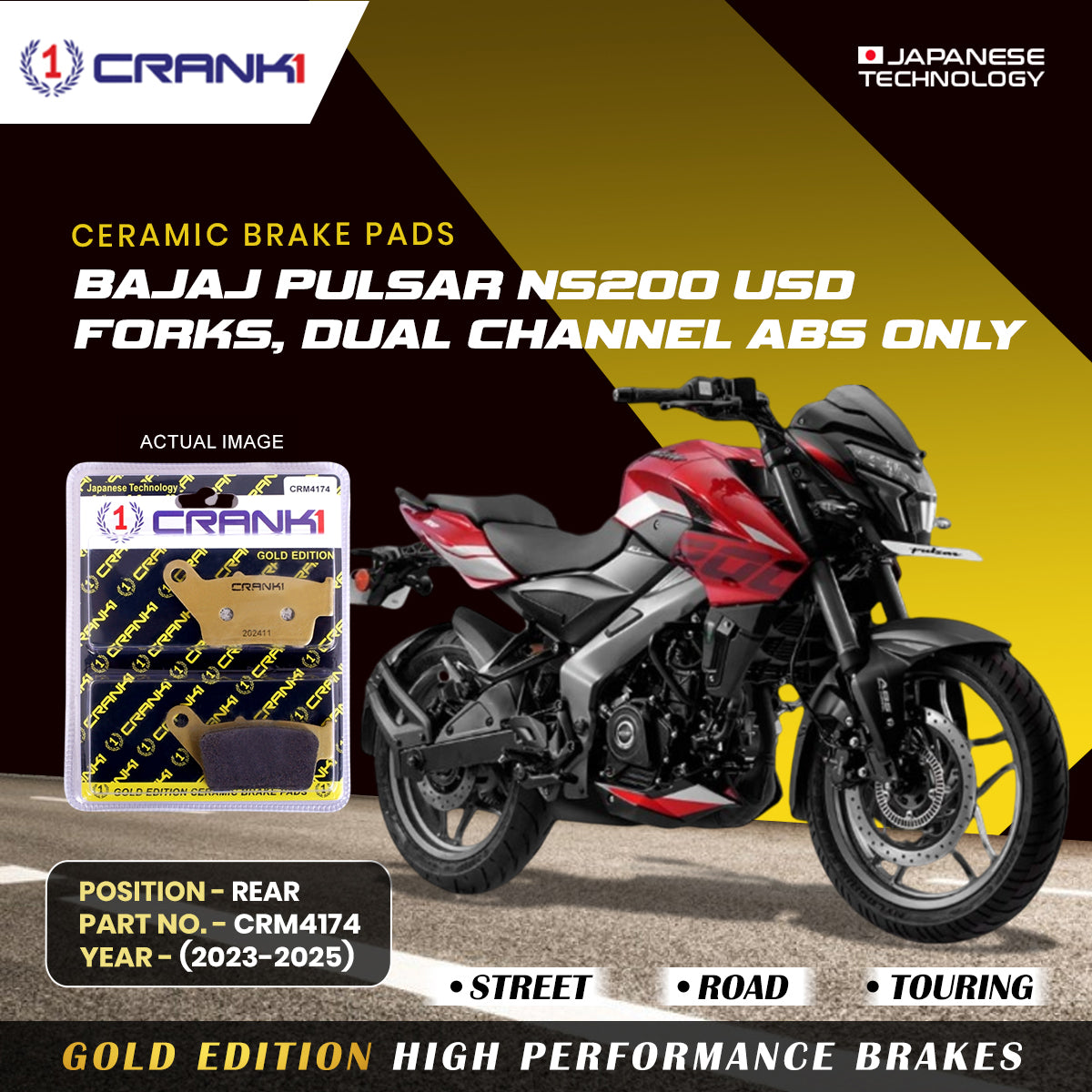 Ceramic Brake Pads For Bajaj Pulsar NS-200 USD Forks, Dual Channel ABS Only (2023-2025) - Rear - CRM4174
