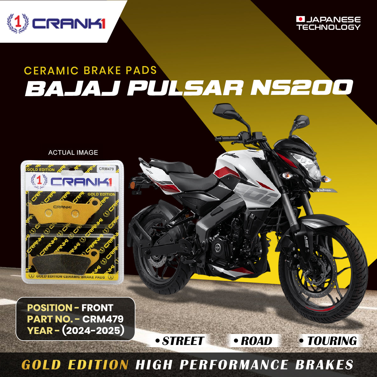 Ceramic Brake Pads For Bajaj  Pulsar NS200 (2024-2025) - Front - CRM479 - 1 Set