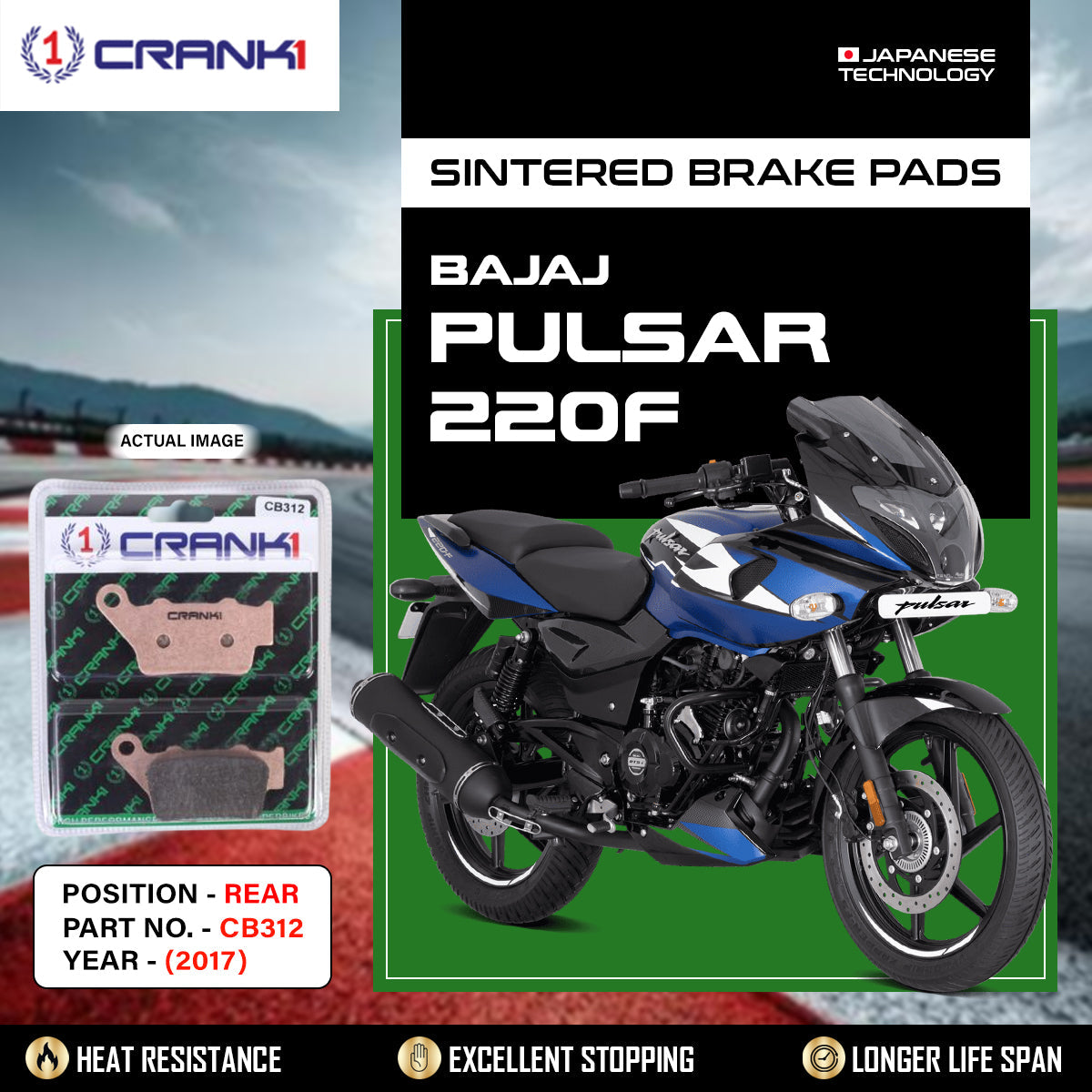Sintered Brake Pads For Bajaj Pulsar 220F (2017) - Rear - CB312 - 1 Set