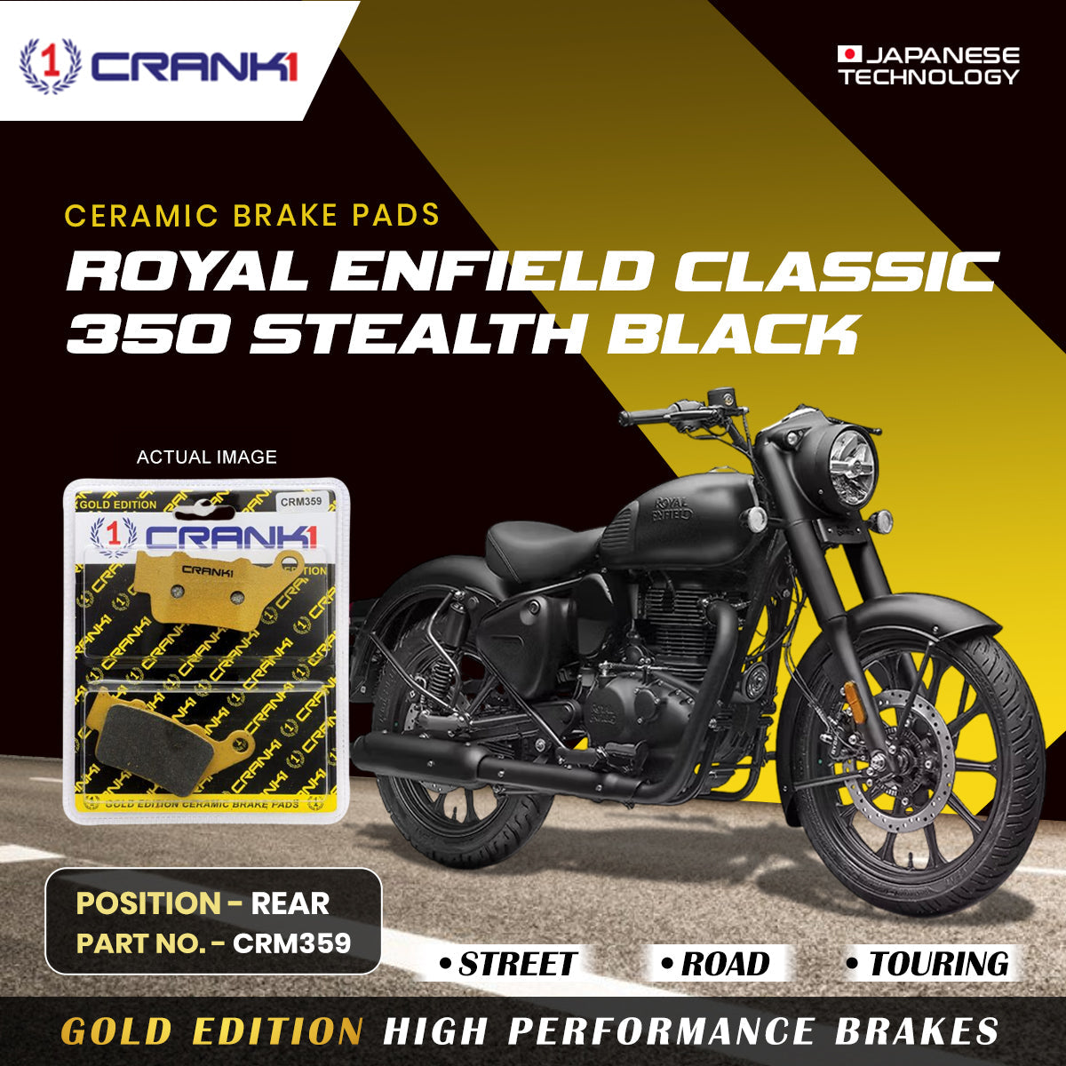 Ceramic Brake Pads For Royal Enfield Classic 350 Stealth Black - Rear - CRM359 - 1 Set